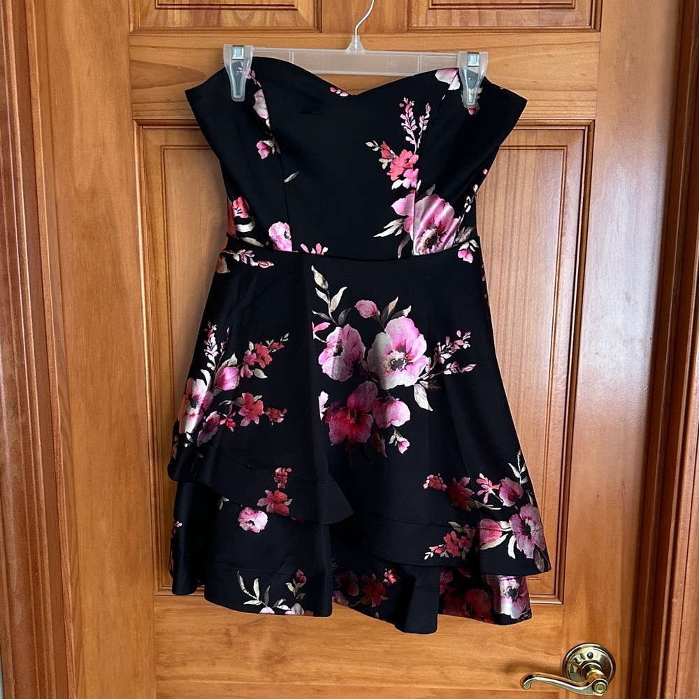 B Darlin Strapless Black and Pink Floral Juniors Dress